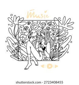 Um retrato vetorial moderno e plano de uma mulher relaxada ouvindo música, desenhado em estilo de esboço sobre um fundo branco. Rodeada por flores e pela natureza, a imagem transmite calma e tranquilidade.