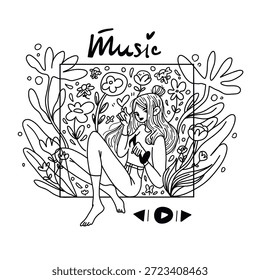 Um retrato vetorial plano e moderno de uma mulher relaxada ouvindo música em um Picture-in-Picture, renderizado em estilo de esboço em um fundo branco. Rodeada por flores e pela natureza, a imagem transmite calma, alegria e tranquilidade.
