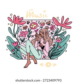 Um retrato vetorial plano moderno de uma mulher relaxada ouvindo música no formato Picture-in-Picture, situado sobre um fundo branco. Rodeada por flores e plantas, a imagem transmite calma, alegria e tranquilidade.