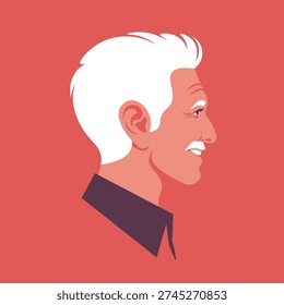 Modern flat vector portrait of a smiling senior man in profile view. The elderly gentleman features white hair and a mustache. Perfect for user avatars, retirement concepts, aging gracefully