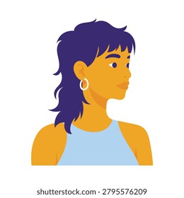 Modern flat vector portrait of a woman in side profile with a trendy mullet hairstyle, hoop earring and sleeveless top, illustrated in bold vibrant colors.
