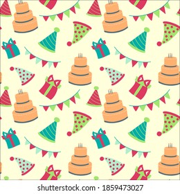 Modern flat vector seamless birthday party pattern with colorful icons of gift boxes, , birthday cake, party hat etc. birthday pattern seamless vector