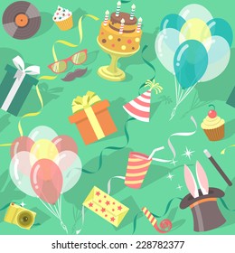 Modern flat vector seamless birthday party pattern with colorful icons of gift boxes, balloons, birthday cake, magic tricks, party hat etc. Invitation card, wrapping paper or website background design