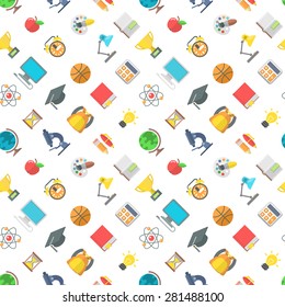 Modern flat vector seamless pattern of school icons and education symbols. Supplies and objects scattered on the white area. Educational background, wrapping paper design, website backdrop