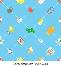 Modern flat vector seamless pattern with icons of a healthy lifestyle, fitness and physical activity. Wrapping paper design, desktop wallpaper, website background 