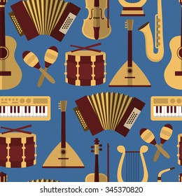 Modern flat  vector seamless pattern with music instruments Ã¢?? guitar, synthesizer, saxophone, lira, balalaika, drum, garmon, maracas, violin
