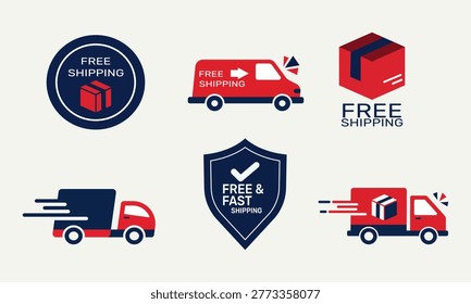 Modern flat vector set of free shipping and fast delivery icons with trucks, package and badge, clean minimal style