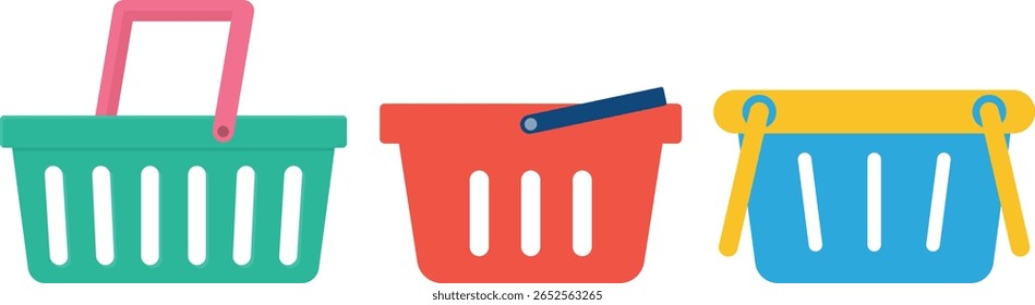 Cestas de compras planas modernas del Vector con las manijas coloridas para la tienda al por menor, el Completar compra del supermercado, o el diseño del comercio electrónico