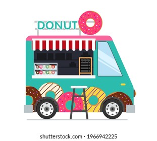 Moderno concepto de camión de comida de calle vectorial plano - Donut Shop.