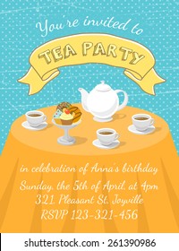 Modern flat vector tea party invitation card with tea cups, teapot and dessert on the table, with an inscription and ribbon. Invitation card template for web or mobile using, printing or animation