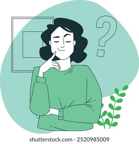 Modern flat vector of a thoughtful woman with a question mark, ideal for illustrating decision-making, creative thinking, and problem-solving concepts. Perfect for educational content.