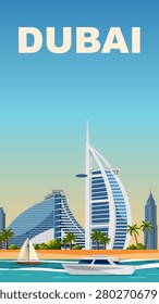 Modern flat vector travel poster of Dubai landmarks with boats on the turquoise sea