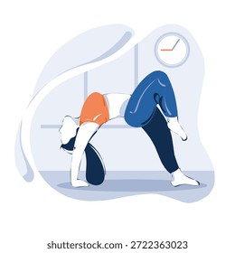 Moderno Vector plano de una mujer que realiza un ejercicio de estiramiento de puente en interiores. Ideal para entrenamiento físico, ejercicios de flexibilidad, fisioterapia, ejercicio en el hogar, programas de bienestar y contenido de estilo de vida saludable.