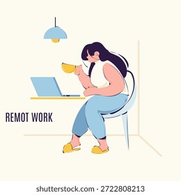 Vetor plano moderno de uma mulher que trabalha remotamente em casa com laptop e café, ideal para apresentações comerciais, sites freelance, blogs de produtividade, conceitos de escritório doméstico e visuais de marketing digital.