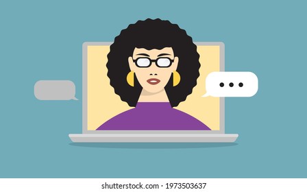 Modern flat vector of young woman having discussion on laptop computer screen