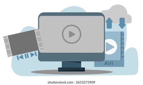 Modern Flat Video Editing Illustration. Editor Working on Timeline, Media Assets, and Content Creation Process