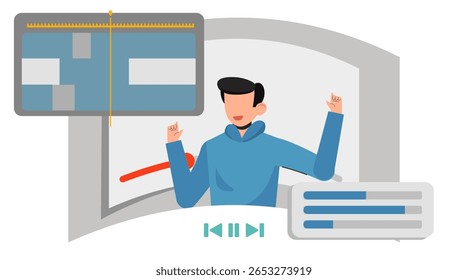 Modern Flat Video Editing Illustration. Editor Working on Timeline, Media Assets, and Content Creation Process