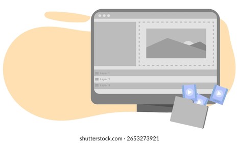 Modern Flat Video Editing Illustration. Editor Working on Timeline, Media Assets, and Content Creation Process