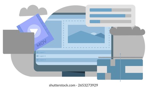 Modern Flat Video Editing Illustration. Editor Working on Timeline, Media Assets, and Content Creation Process