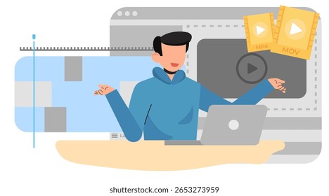Modern Flat Video Editing Illustration. Editor Working on Timeline, Media Assets, and Content Creation Process
