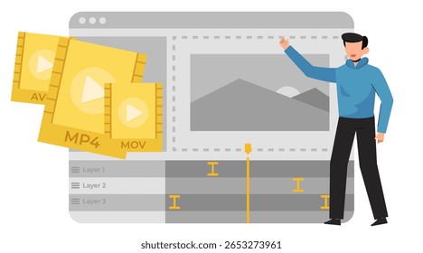 Modern Flat Video Editing Illustration. Editor Working on Timeline, Media Assets, and Content Creation Process