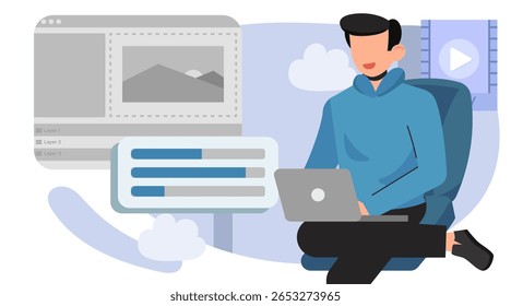 Modern Flat Video Editing Illustration. Editor Working on Timeline, Media Assets, and Content Creation Process