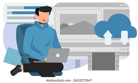 Modern Flat Video Editing Illustration. Editor Working on Timeline, Media Assets, and Content Creation Process