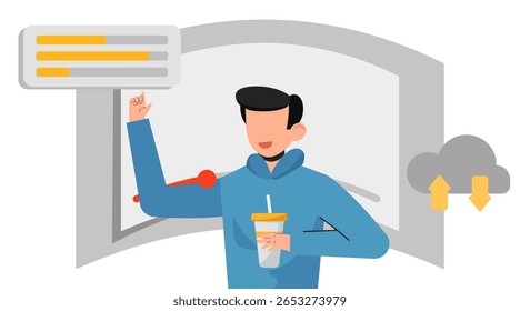 Modern Flat Video Editing Illustration. Editor Working on Timeline, Media Assets, and Content Creation Process