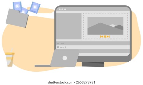Modern Flat Video Editing Illustration. Editor Working on Timeline, Media Assets, and Content Creation Process