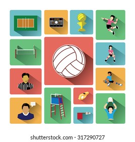 Modern flat volleyball icons set with long shadow effect