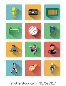 Modern flat volleyball icons set with long shadow effect