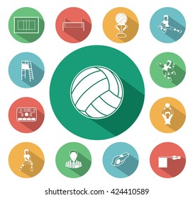 Modern flat volleyball icons set with long shadow effect