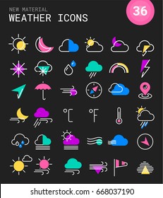 Modern flat weather line thin colored icons in bright colored retro 80s, 90s style