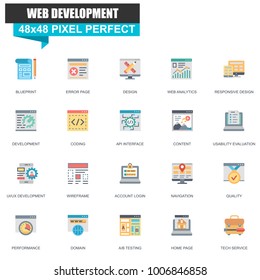 Modern flat web design and development icons set for website and mobile site and apps. Contains such Icons as Blueprint, Navigation, UI, UX. 48x48 Pixel Perfect. Editable Stroke. Vector illustration.