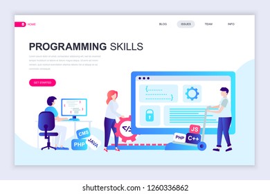 Modern flat web page design template of Programming Skills decorated people character for website and mobile website development. Flat landing page template. Vector illustration.