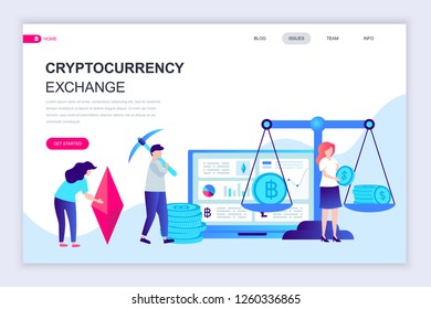 Modern flat web page design template of Cryptocurrency Exchange decorated people character for website and mobile website development. Flat landing page template. Vector illustration.