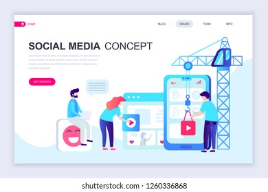 Modern flat web page design template of Social Media decorated people character for website and mobile website development. Flat landing page template. Vector illustration.