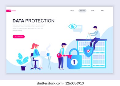 Modern flat web page design template of Data Protection decorated people character for website and mobile website development. Flat landing page template. Vector illustration.