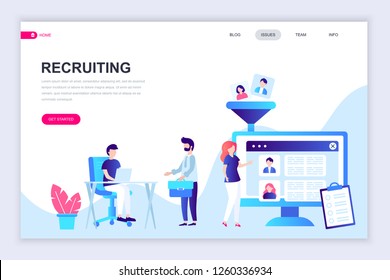 Modern flat web page design template of Recruiting decorated people character for website and mobile website development. Flat landing page template. Vector illustration.