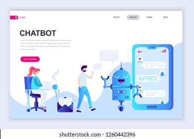 Modern flat web page design template of Chat Bot and Marketing decorated people character for website and mobile website development. Flat landing page template. Vector illustration.