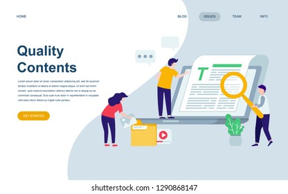 Modern flat web page design template of Quality Content decorated people character for website and mobile website development. Flat landing page template. Vector illustration.