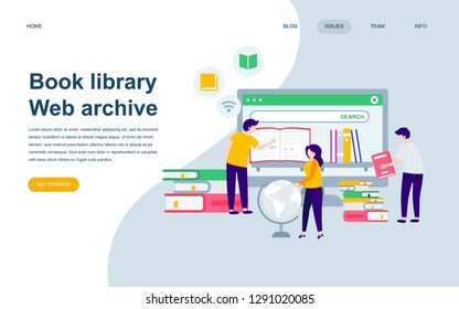 Modern flat web page design template of Book Library decorated people character for website and mobile website development. Flat landing page template. Vector illustration.