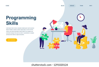 Modern flat web page design template of Programming Skills decorated people character for website and mobile website development. Flat landing page template. Vector illustration.