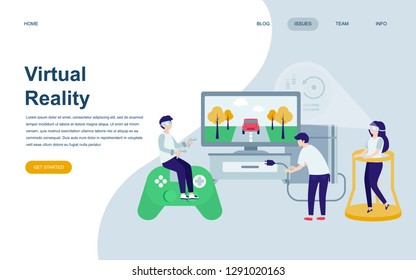 Modern flat web page design template of Virtual Augmented Reality decorated people character for website and mobile website development. Flat landing page template. Vector illustration.
