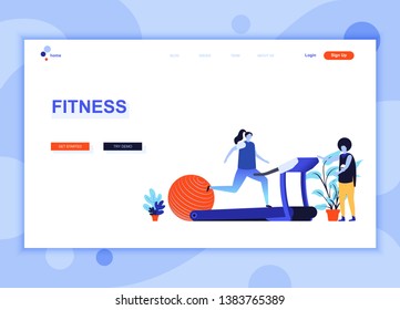 Modern flat web page design template concept of Fitness decorated people character for website and mobile website development. Flat landing page template. Vector illustration.