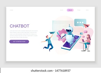 Modern flat web page design template concept of Chat Bot and Marketing decorated people character for website and mobile website development. Flat landing page template. Vector illustration.