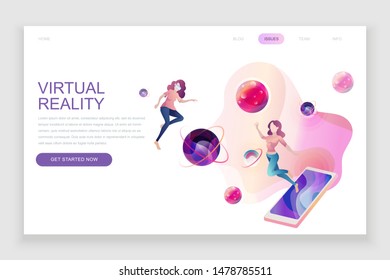 Modern flat web page design template concept of Virtual Augmented Reality decorated people character for website and mobile website development. Flat landing page template. Vector illustration.