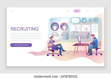 Modern flat web page design template concept of Recruiting decorated people character for website and mobile website development. Flat landing page template. Vector illustration.