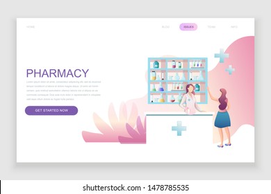 Modern flat web page design template concept of Pharmacist in Pharmacy decorated people character for website and mobile website development. Flat landing page template. Vector illustration.