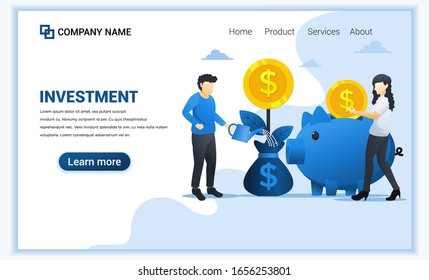 Modern flat web page design concept of Money investment with a man watering money tree and a woman puting money into piggy bank, increase profit. Flat landing page template. vector illustration